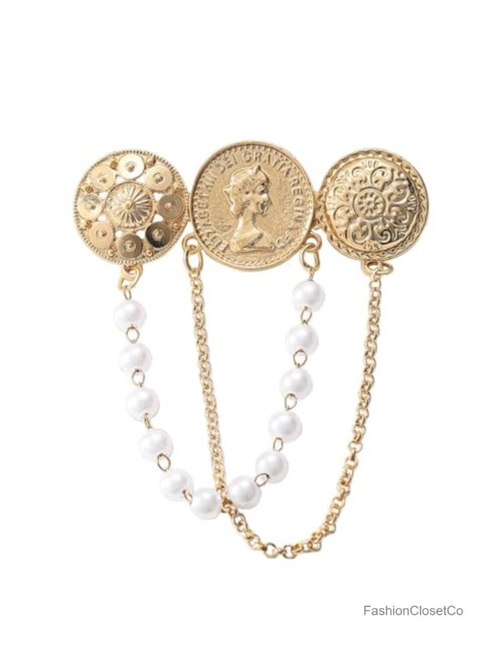 Gold-Toned Round Coin Tassel Chain Brooch Pin for Women Vintage Elegant Party